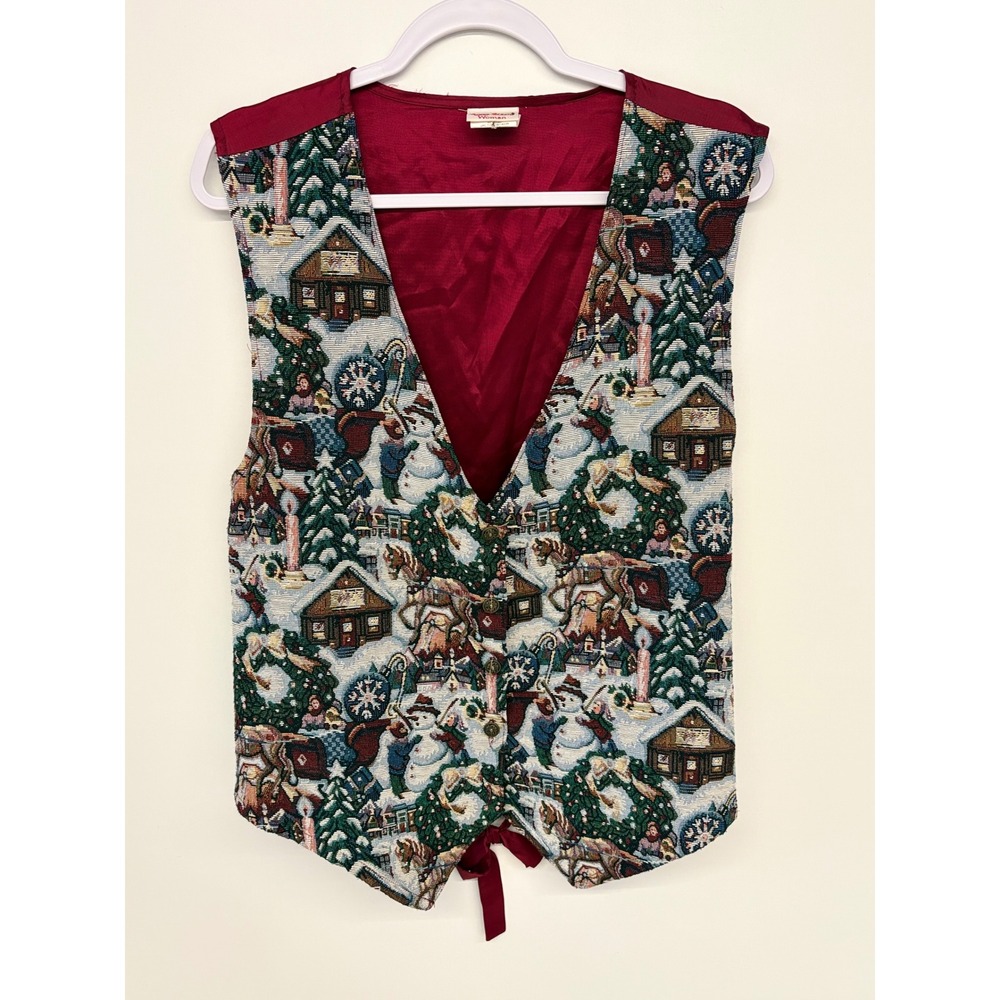 Vtg Grannycore Christmas Vest Tapestry Bobbie Brooks Woman 18/20 Red Holiday